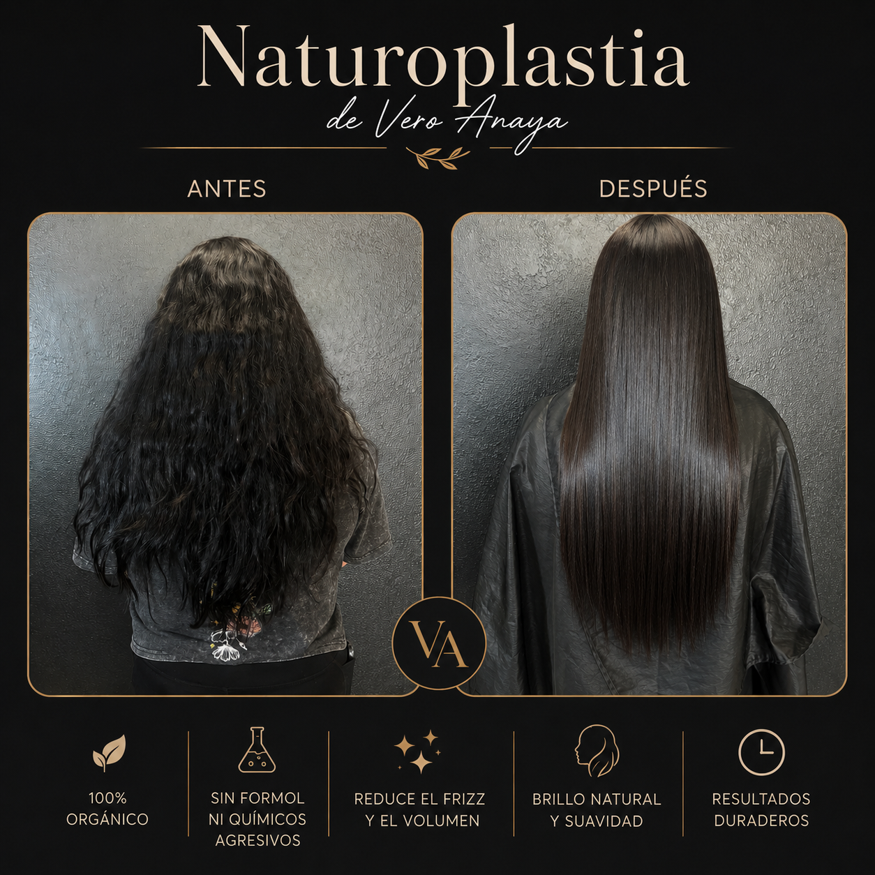 Naturoplastia before and after: frizzy waves smoothed into glossy straight hair
